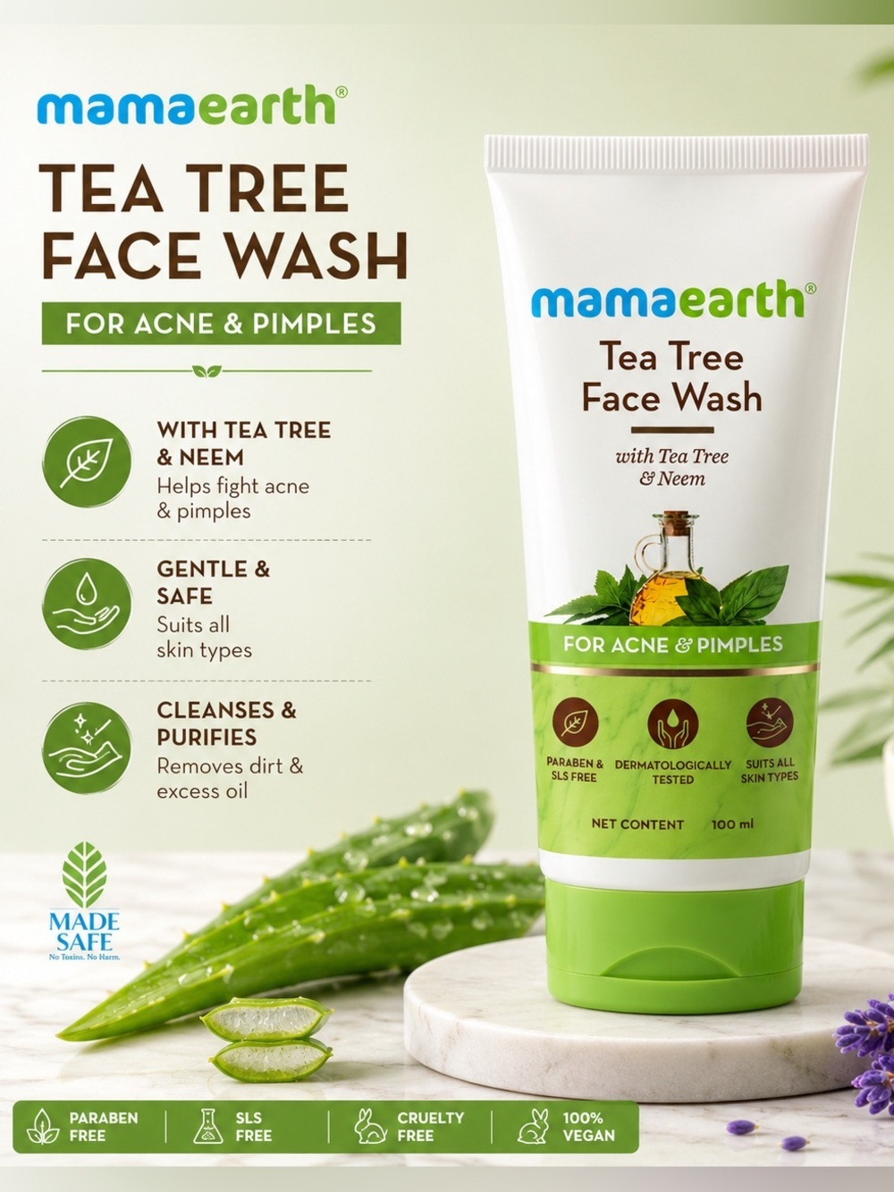 Mamaearth Tea Tree Face Wash — Green & White